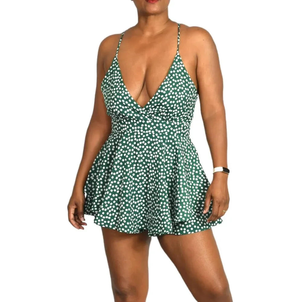 Nasty Gal Be Flower Guest Romper Green Floral Ruffle Daisy Short Playsuit Size 6 - Picture 11 of 14